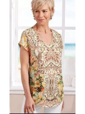 Soft Surroundings PL Floral Paisley Beaded Tunic Top  Short Sleeves Boho